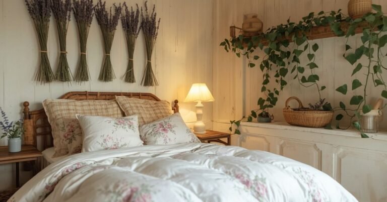Cottagecore room ideas with floral bedding, dried flowers, vintage furniture and warm cozy lighting