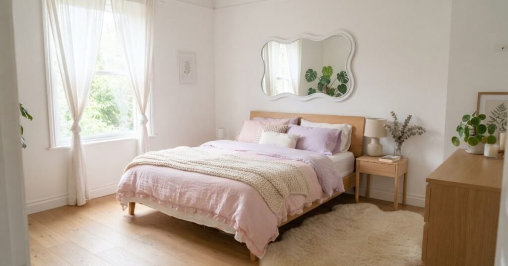 Danish pastel room ideas with soft pink bedding wavy mirror fluffy rug and cozy Scandinavian decor