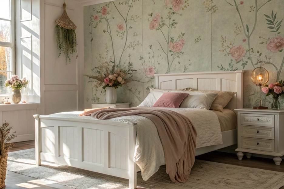 Soft faded floral wallpaper on a bedroom accent wall behind the bed in a cottagecore room
