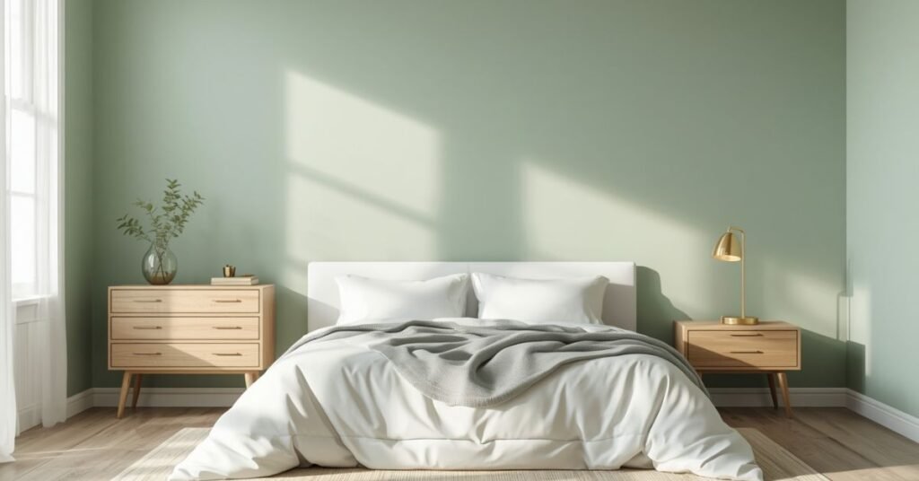 Jade green bedroom with soft bedding and warm wood accents