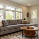 Sleek modern living room with neutral furniture and clean lines