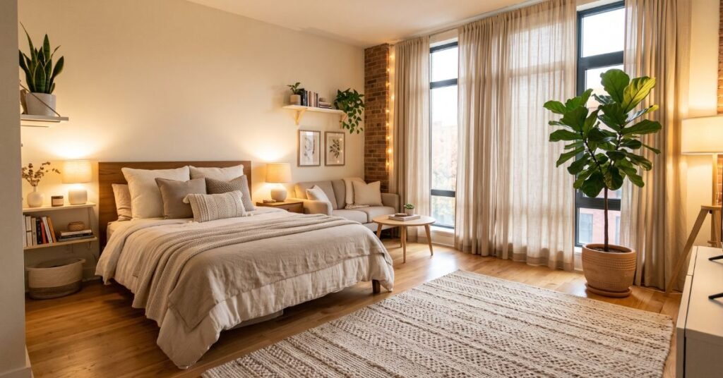 Budget studio apartment ideas that look expensive with neutral decor warm lighting and layered textiles