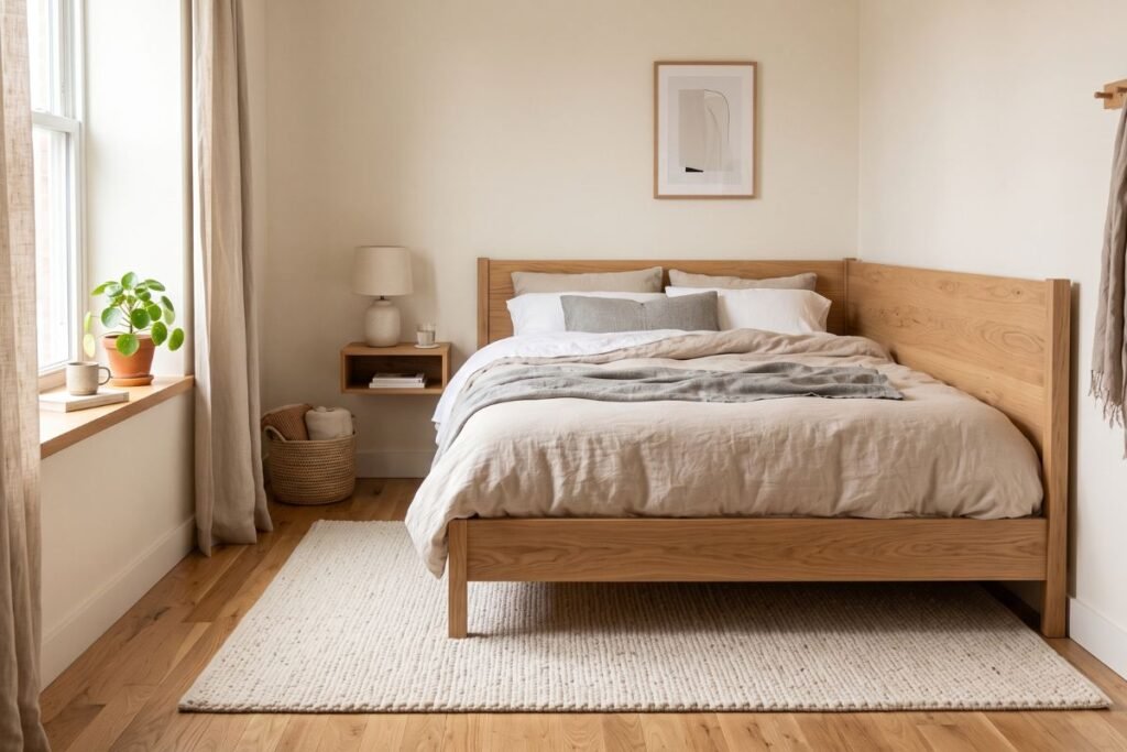 Compact area rug defining the sleeping area in a small apartment bedroom