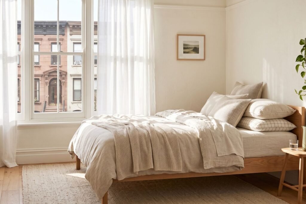 Bed placed near a window for natural light in a small apartment bedroom