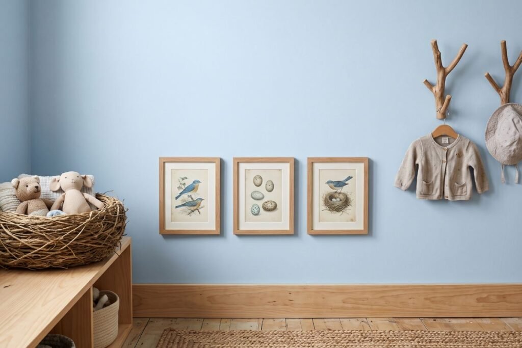 Bird and nest themed corner in a baby boy nursery near a window