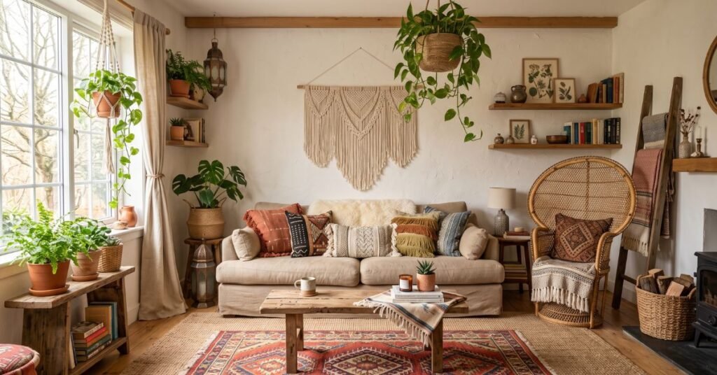 Boho living room ideas featured image with layered textures and natural decor
