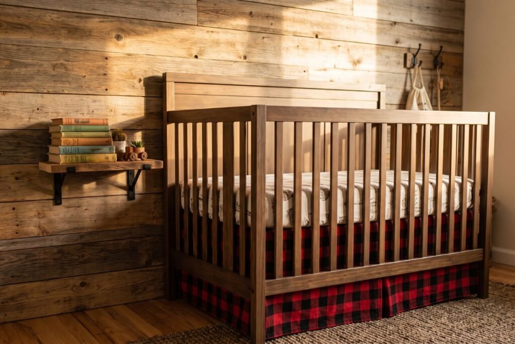 Buffalo plaid rustic baby boy nursery corner with wood accent wall