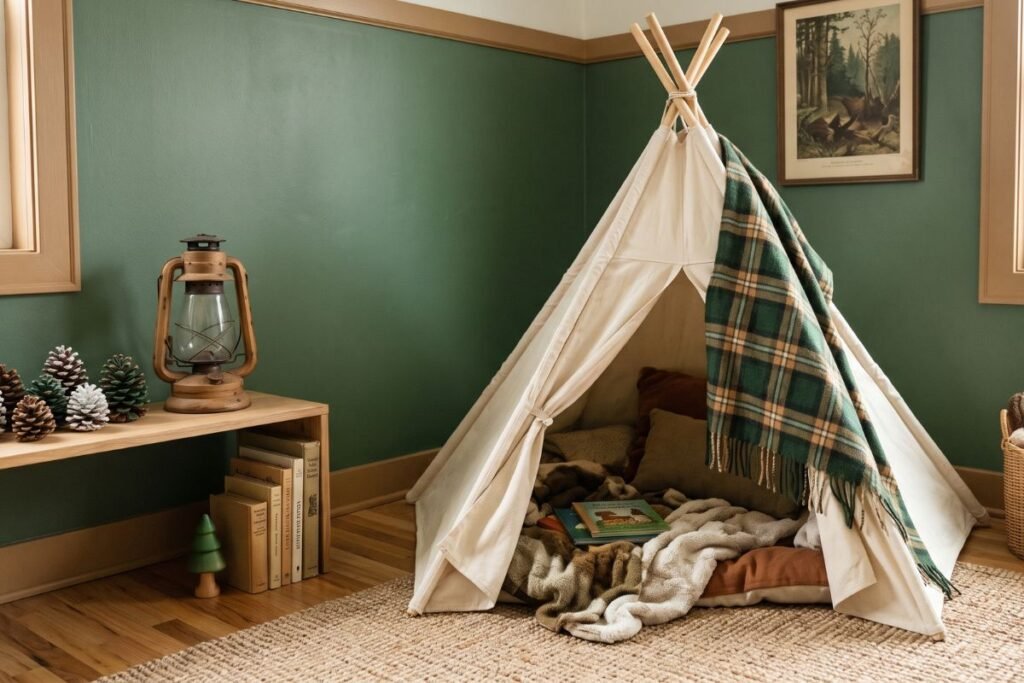 Camping themed baby boy room with a canvas teepee reading corner
