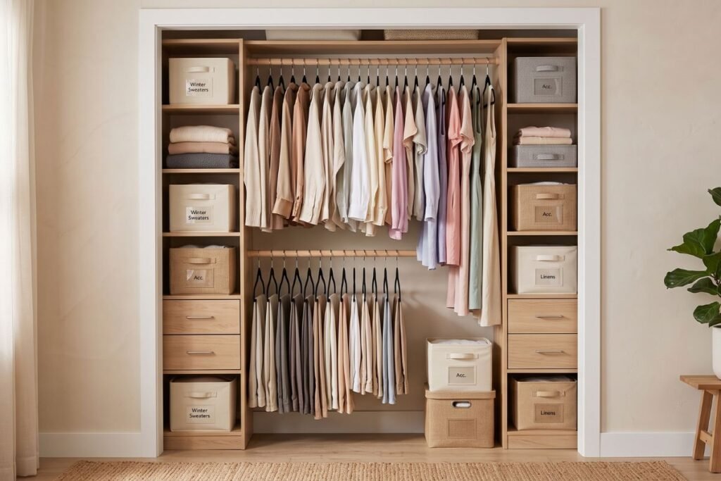 Closet organized with smart storage in a small apartment bedroom