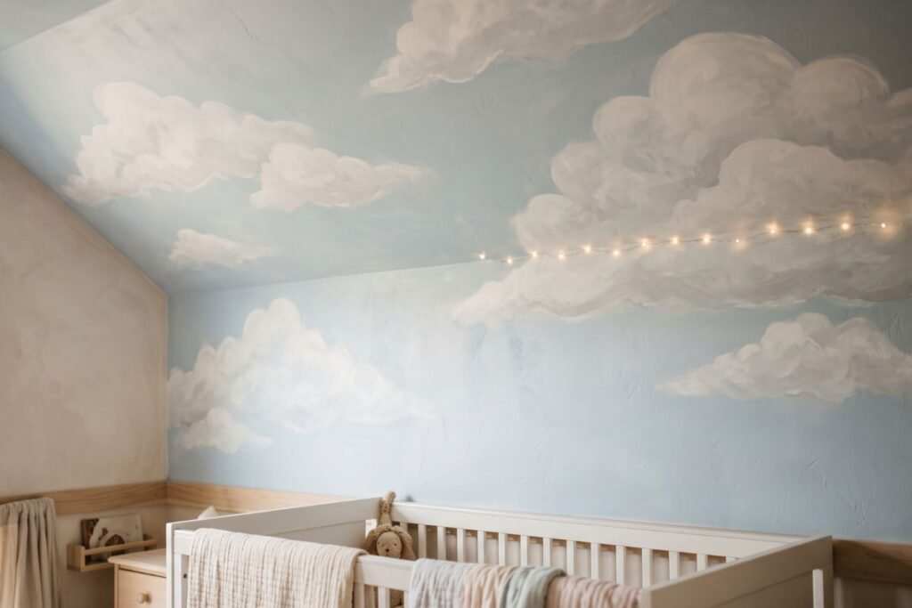 Baby boy room ideas featuring a hand painted cloud ceiling above a white crib
