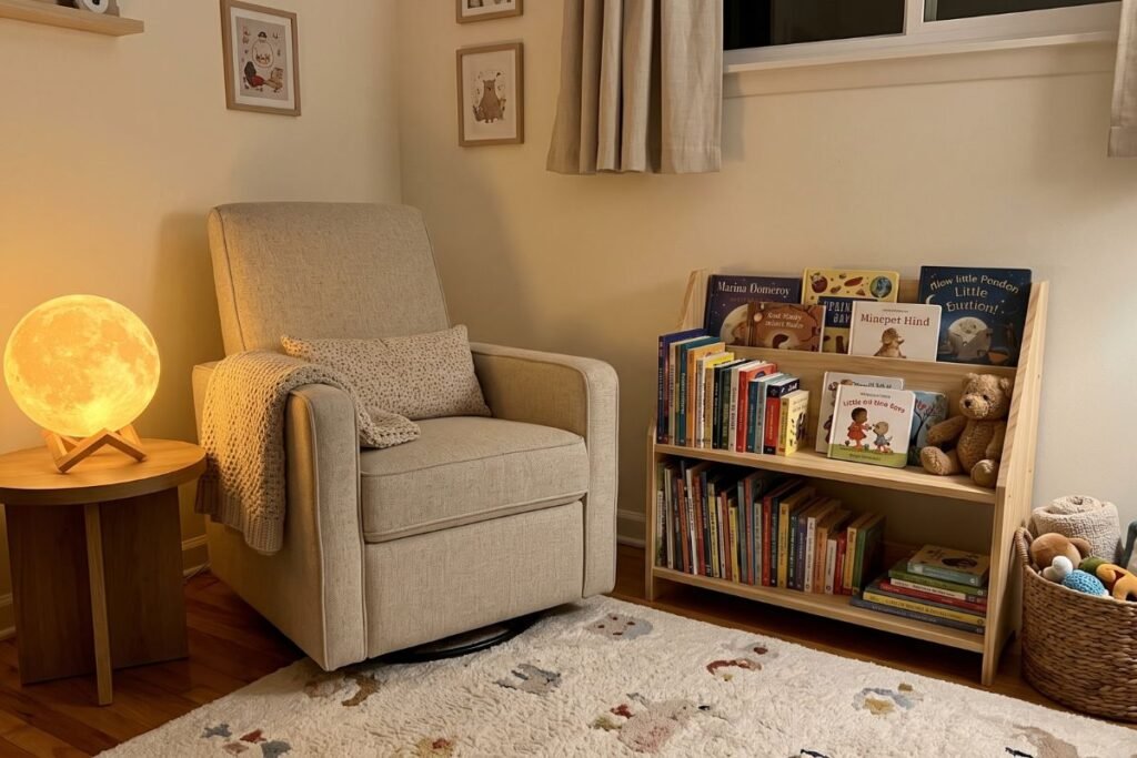 Cozy reading nook with whimsical storybook touches in a baby boy room