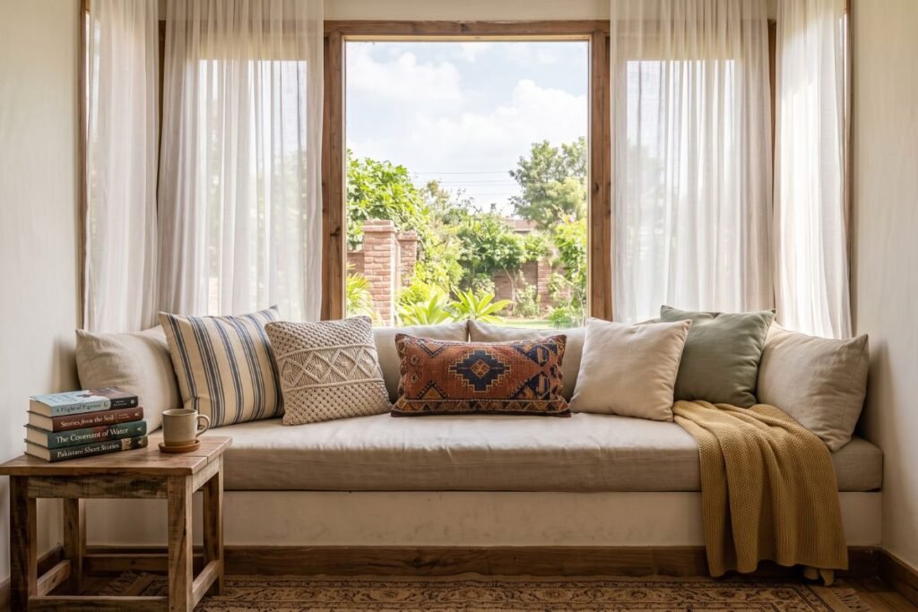 Boho living room ideas with a cushioned window reading nook