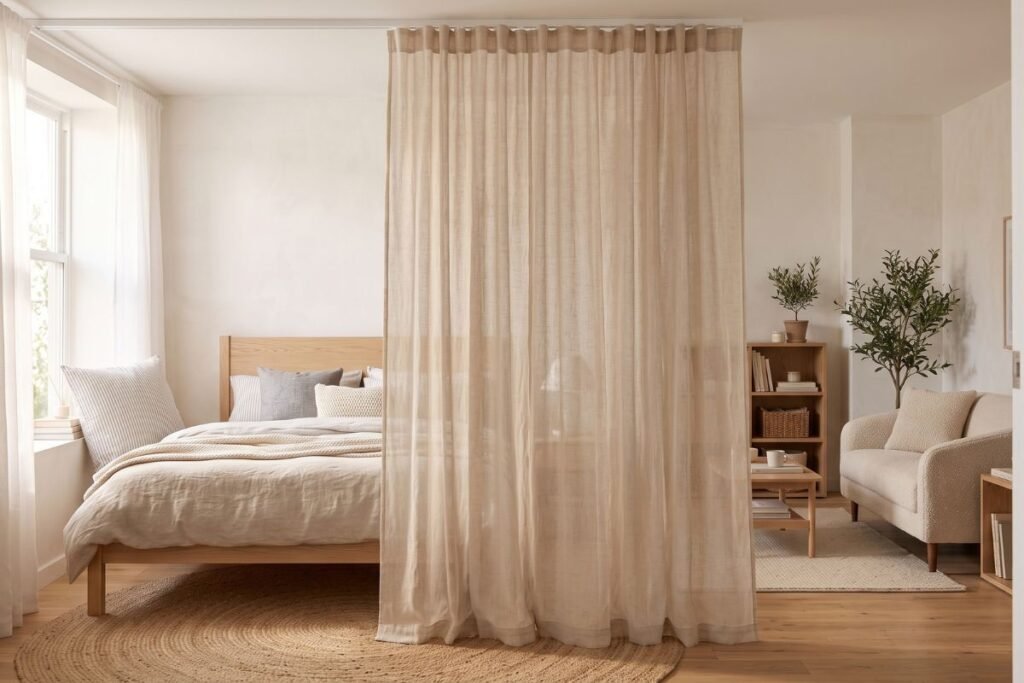 Curtain divider separating the sleeping area in a small apartment bedroom