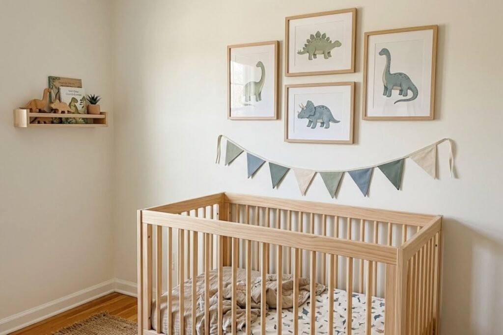 Dinosaur wonderland corner with gentle illustrated prints in a baby boy room