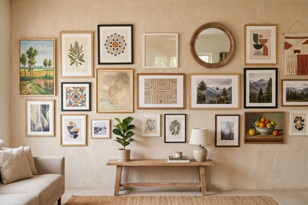 Boho living room ideas with an eclectic mixed frame gallery wall