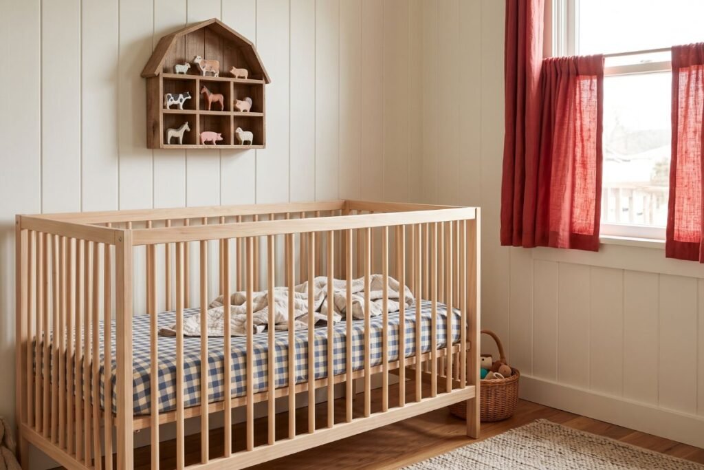 Farm animal themed baby boy nursery with gingham crib sheet and barn shelf