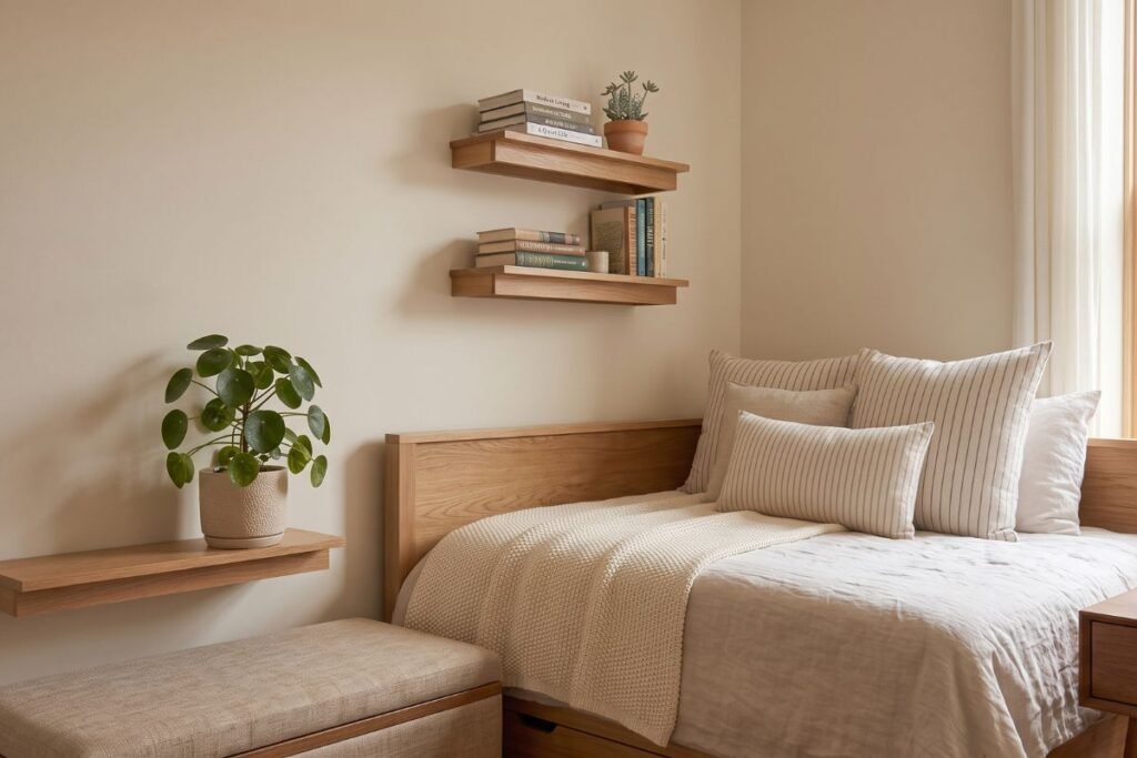 Floating shelves for extra storage in a small apartment bedroom