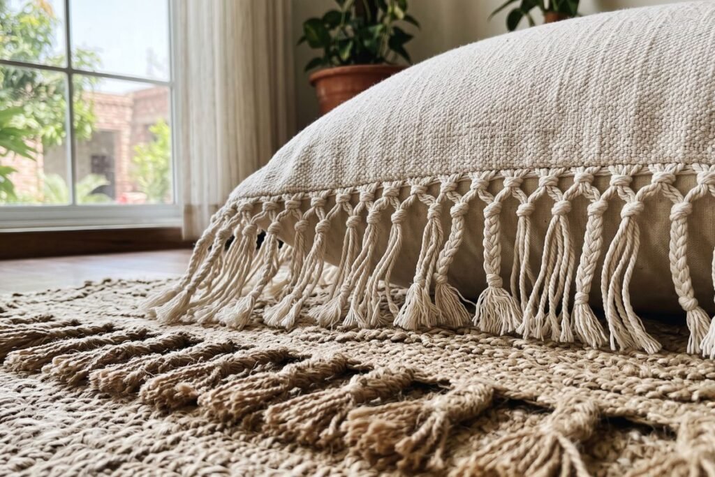 Boho living room ideas with fringe trim pillows and tasseled rug edges