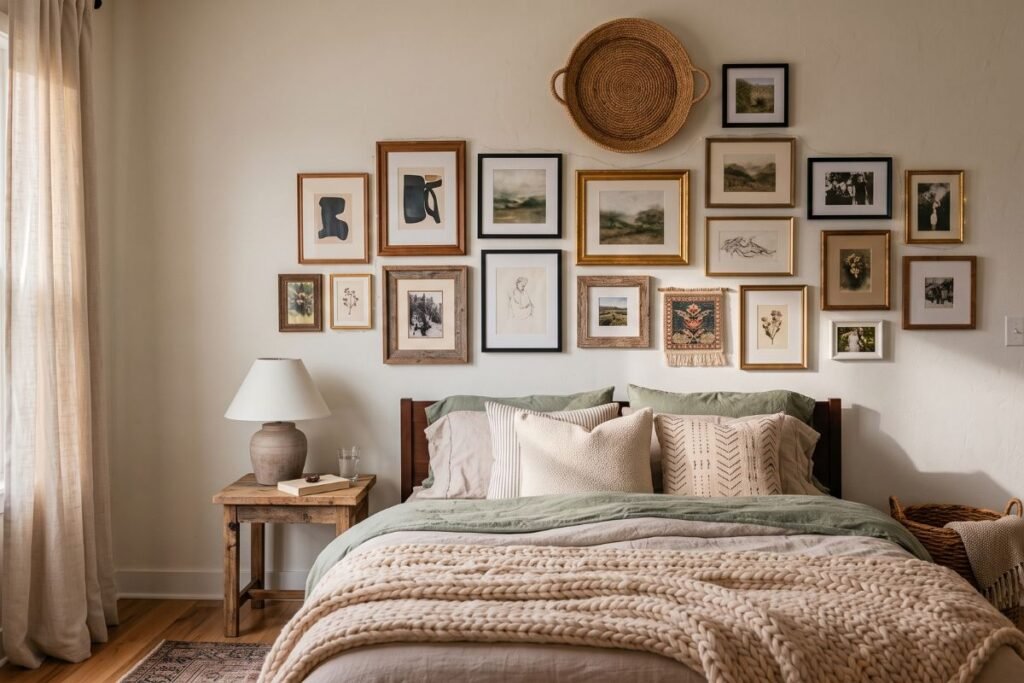 Gallery wall created above the bed in a small apartment bedroom