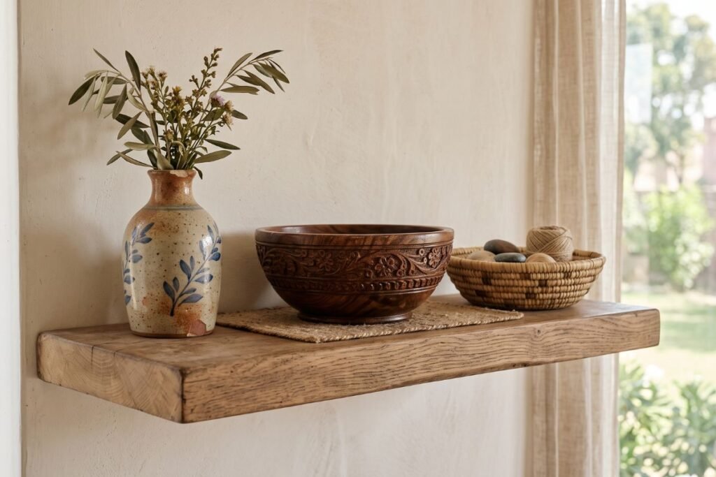 Boho living room ideas with vintage vases and carved wood decor