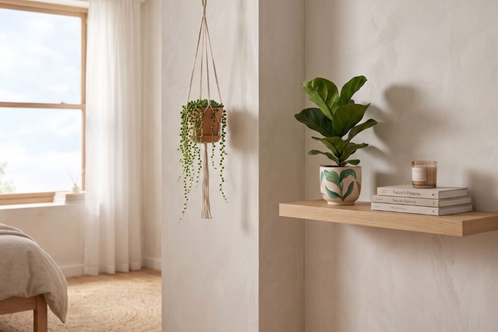 Greenery adding a fresh touch to a small apartment bedroom