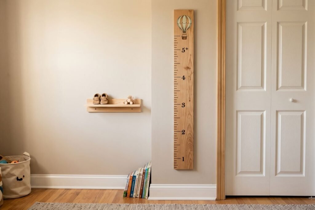 Whimsical growth chart wall decal in a baby boy room near the closet