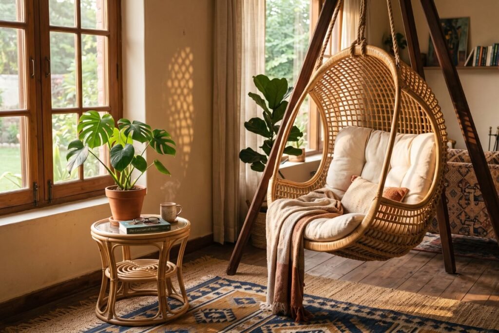 Boho living room ideas with a rattan hanging chair in a sunlit corner