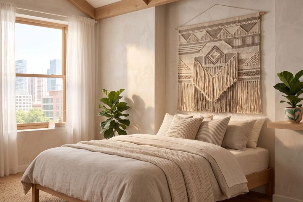 Statement headboard alternative in a small apartment bedroom