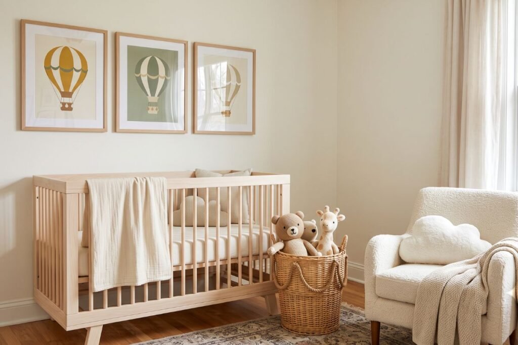 Hot air balloon themed corner in a baby boy nursery with cloud pillows