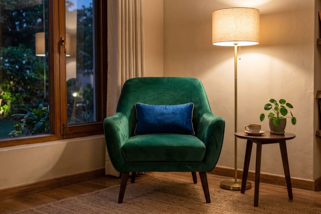 Boho living room ideas with an emerald green velvet accent chair