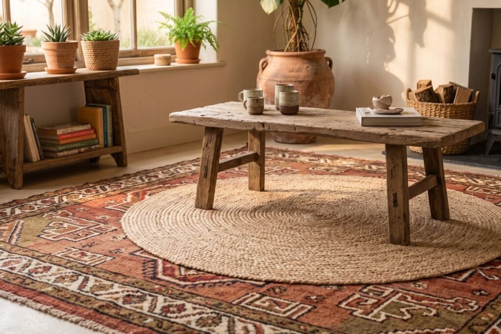 Boho living room ideas with layered jute and patterned wool rugs