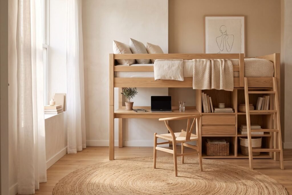 Loft bed design with storage space in a small apartment bedroom