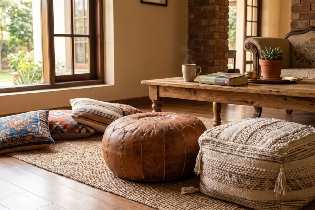 Boho living room ideas with leather and woven floor poufs
