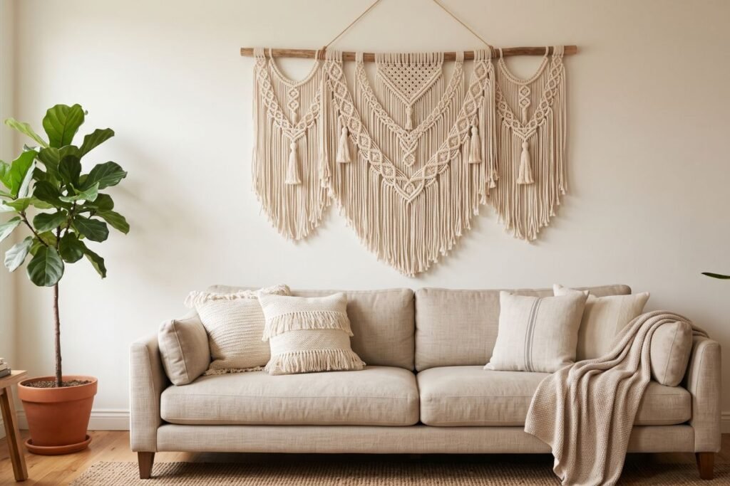 Boho living room ideas with a large macrame wall hanging above the sofa