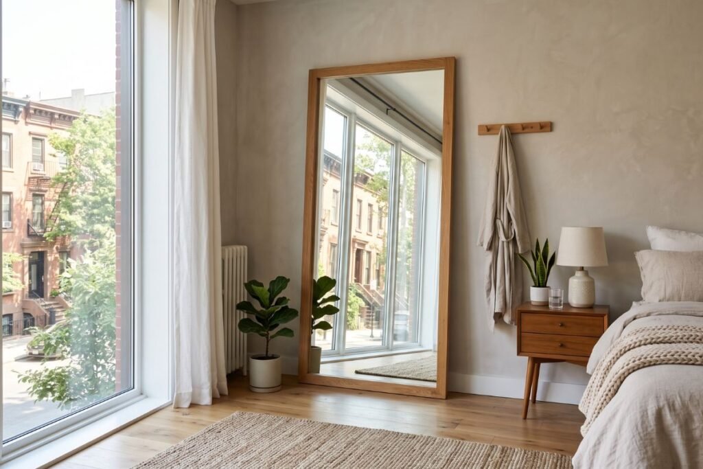 Large mirror creating the illusion of space in a small bedroom