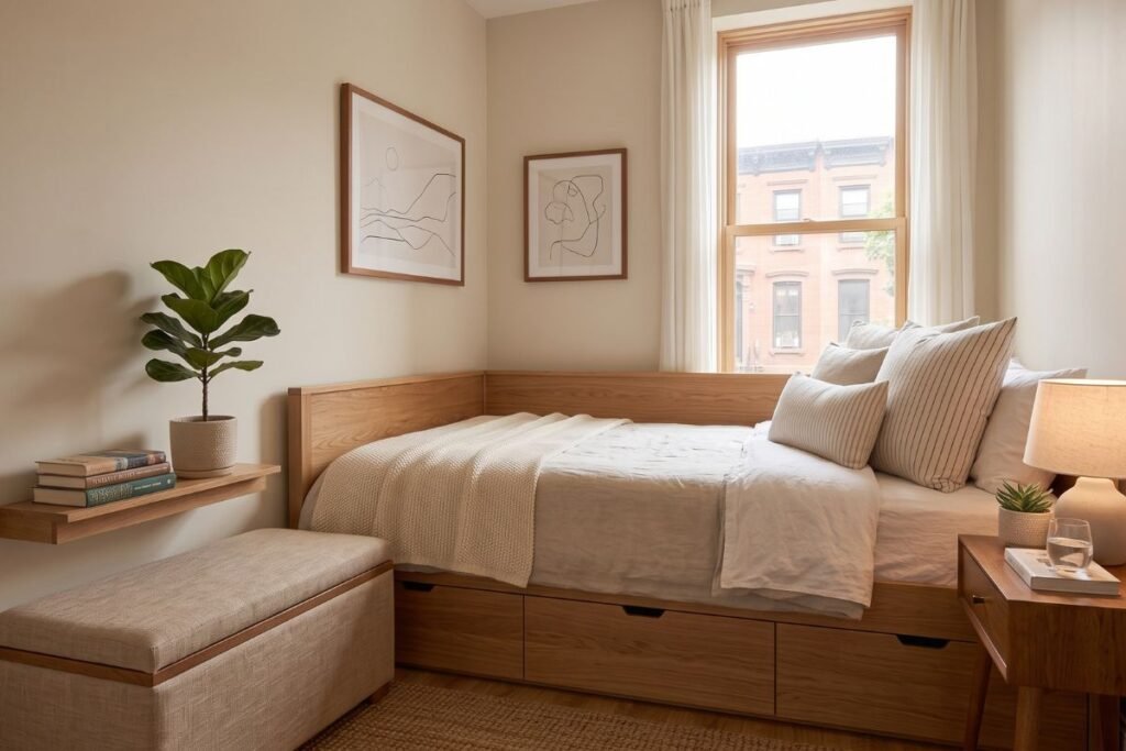 Multipurpose furniture in a small apartment bedroom including a storage ottoman