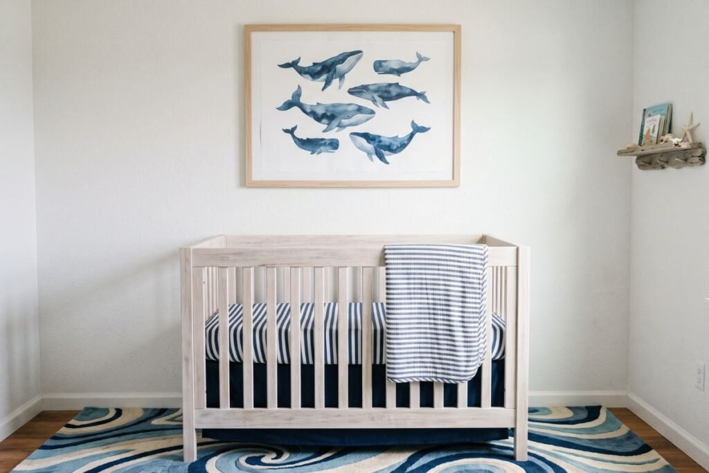 Nautical baby boy nursery with navy striped bedding and a watercolor whale print