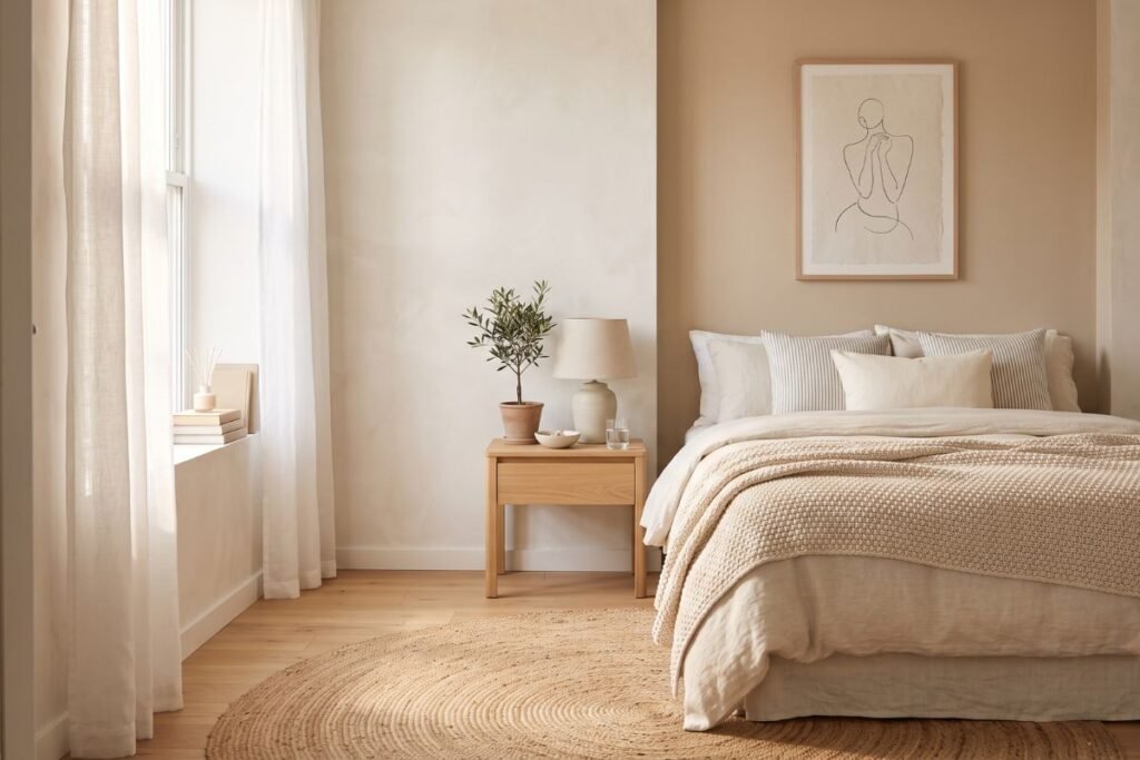 Light and neutral color palette in a small apartment bedroom