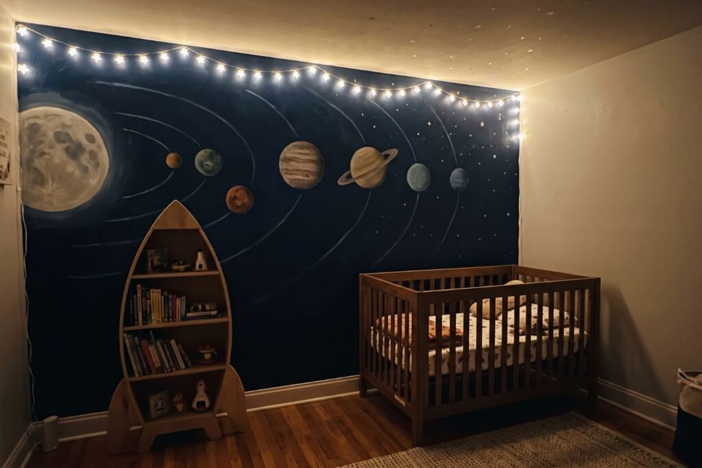 Outer space themed baby boy nursery with painted planet mural and rocket shelf