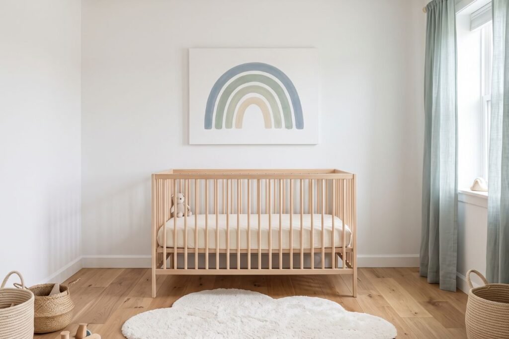 Rainbow and pastel cloud accents on the wall of a baby boy room