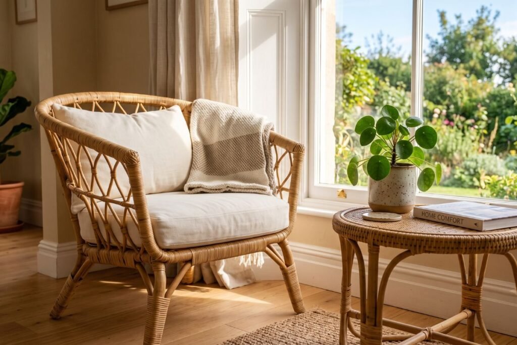Boho living room ideas featuring a rattan accent chair by a window