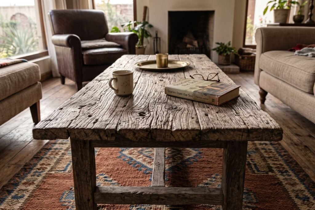 Boho living room ideas with a distressed reclaimed wood coffee table