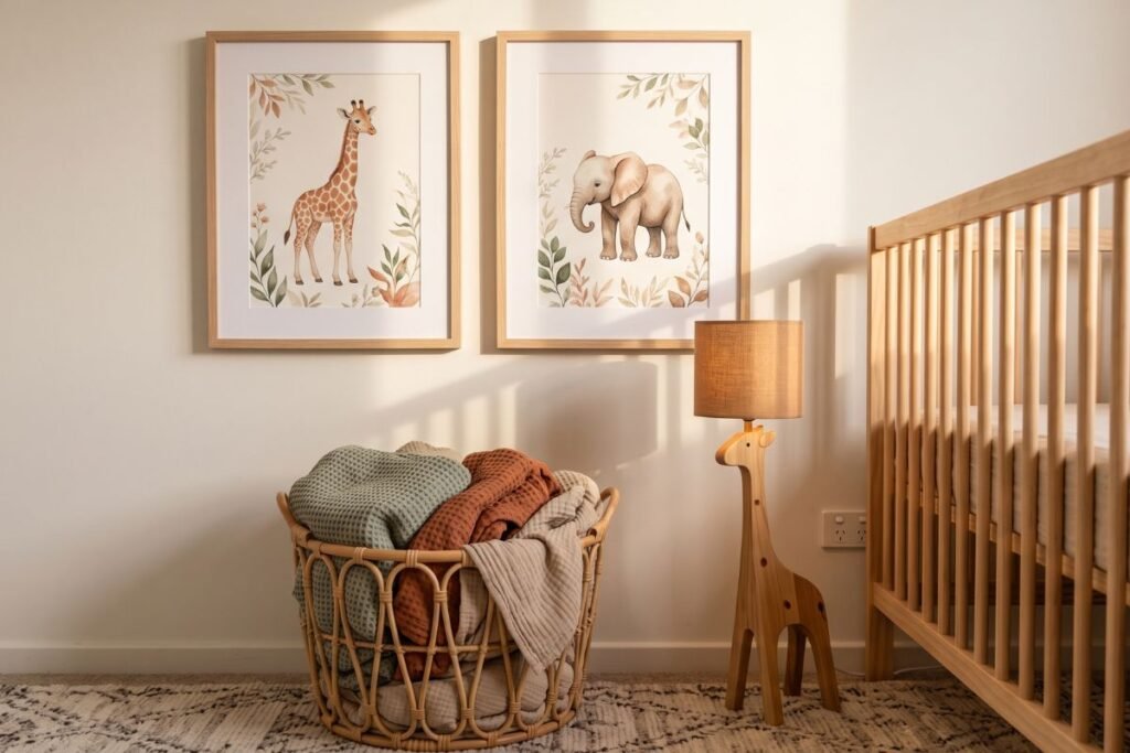 Safari themed baby boy nursery with illustrated giraffe wall art and rattan basket