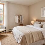 Small apartment bedroom with a neatly made bed and soft neutral colors