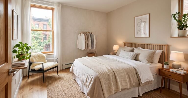 Small apartment bedroom with a neatly made bed and soft neutral colors