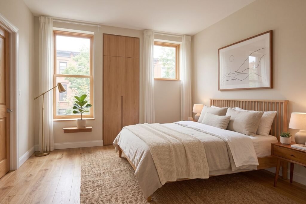 Small apartment bedroom layout with the bed placed against the longest wall