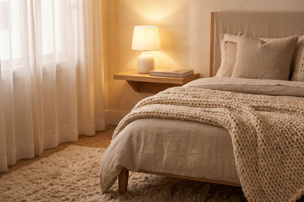 Soft textiles layered for a cozy feel in a small apartment bedroom