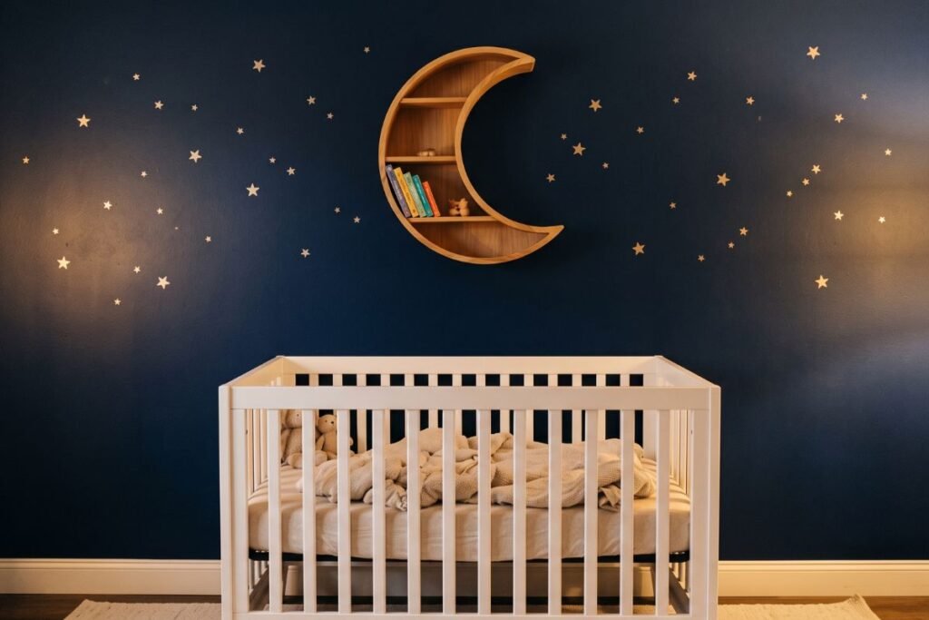 Starry night sky themed baby boy nursery wall with gold star decals and a moon shelf