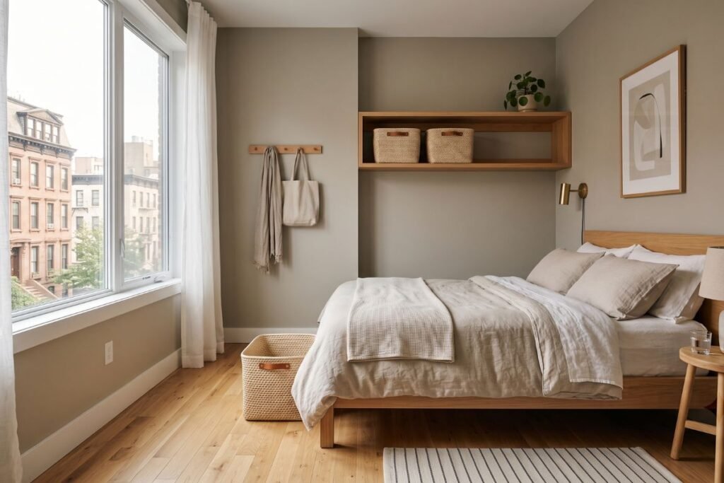 Storage baskets used to declutter a small apartment bedroom