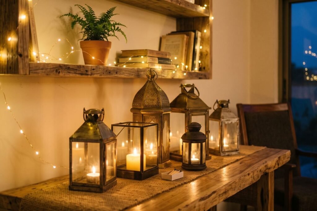 Boho living room ideas with string lights and warm lanterns